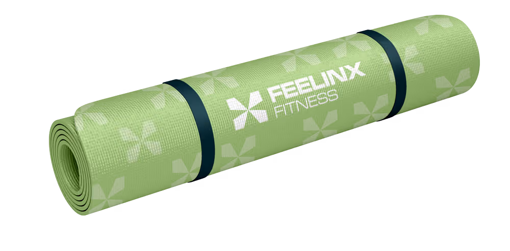A green yoga/pilates mat with the words FEELINX FITNESS on it.